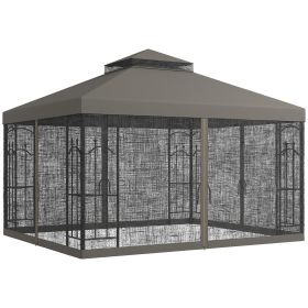 Outsunny 10' x 12' Patio Gazebo with Corner Frame Shelves, Double Roof Outdoor Gazebo Canopy Shelter with Netting, Gray