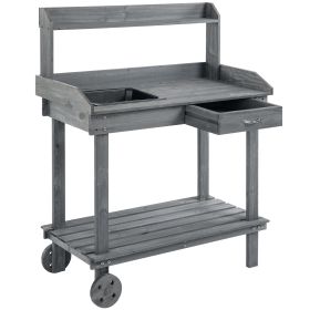 Outsunny Potting Bench with Wheels Sink Drawer Storage Spaces Wooden Gray