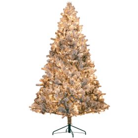 HOMCOM 7.5 ft Pre-Lit Artificial Christmas Tree with 500 Clear Lights and 1530 Tips, Snow Flocked Christmas Tree with Metal Stand
